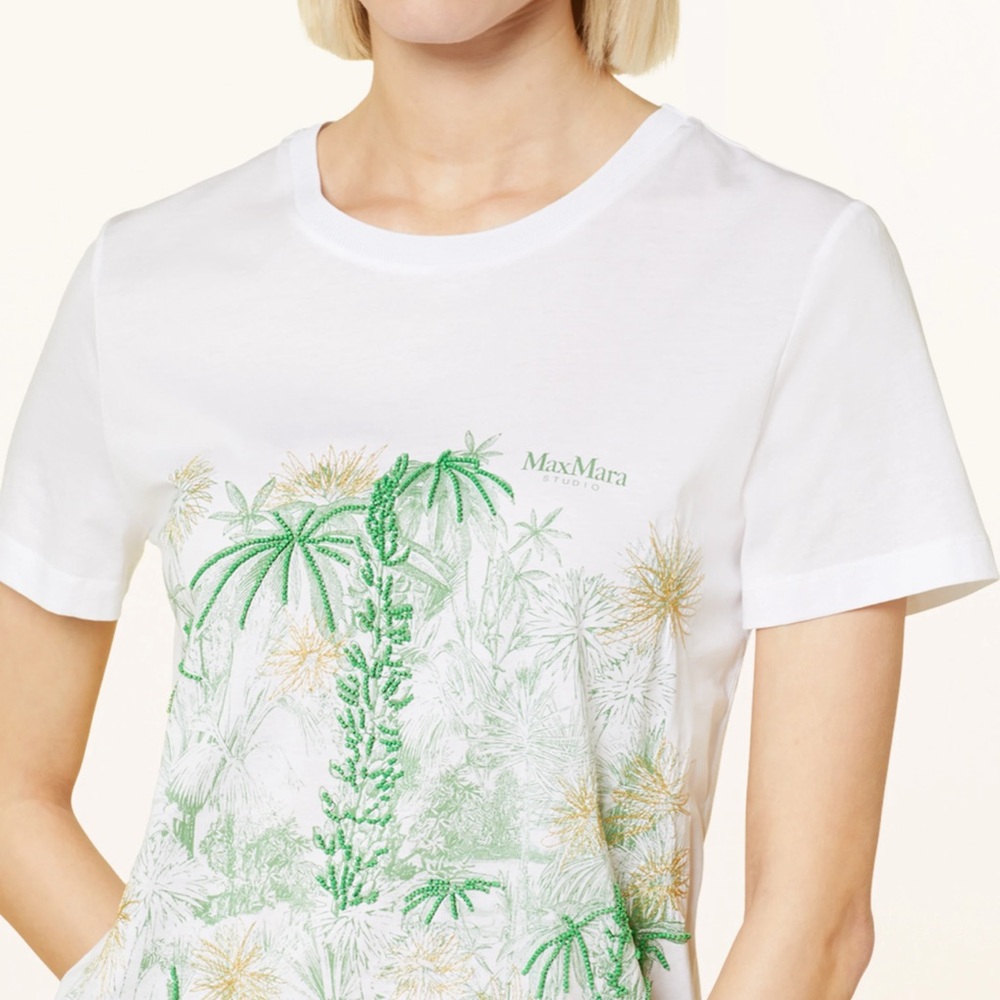 MaxMara White Short Sleeve Tee with Green and Gold Botanical Print - Picture 12 of 14